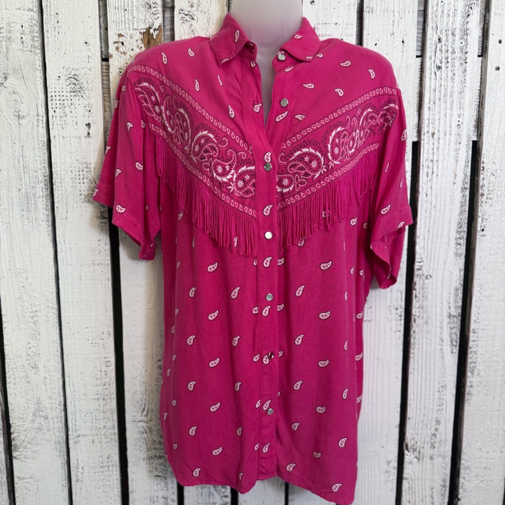 Short Circuit Pink Paisley Bandana Shirt M Fringe Western Vintage Retro Rodeo